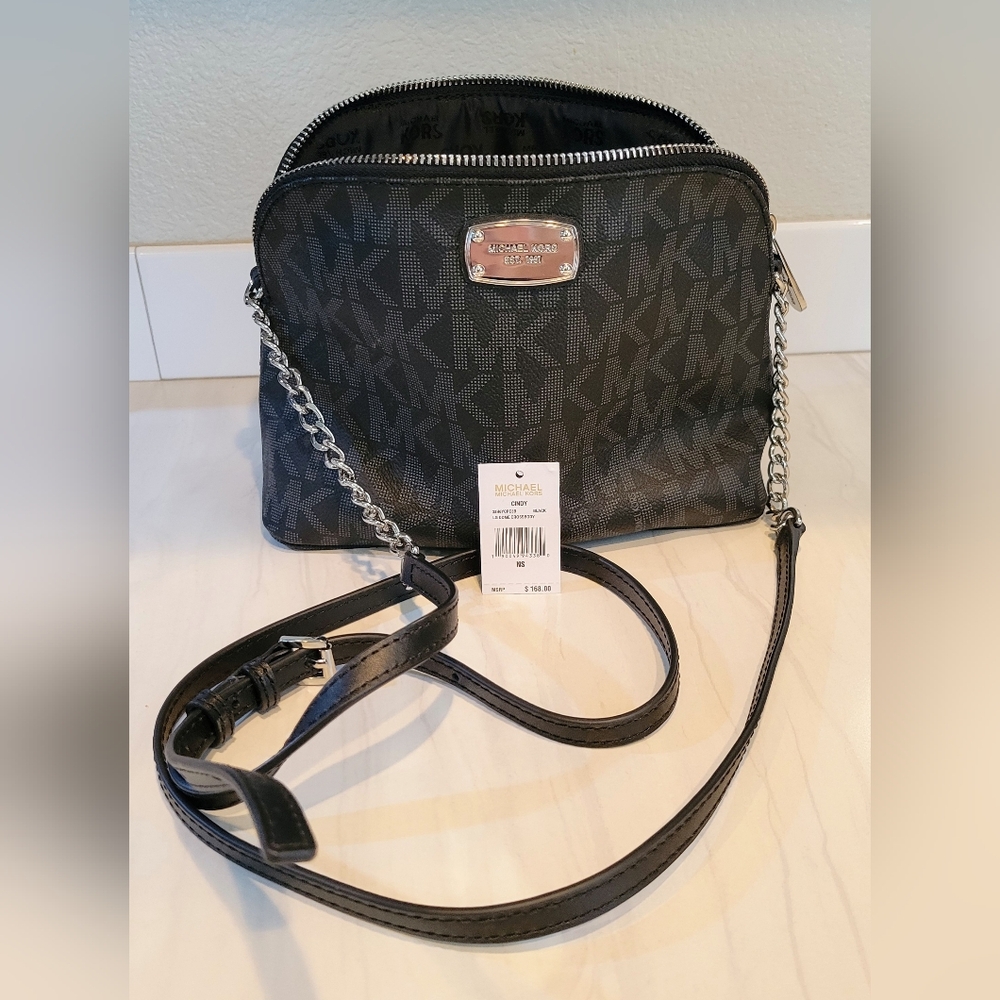 Michael Kors Cindy Dome Black Signature Logo Crossbody Bag